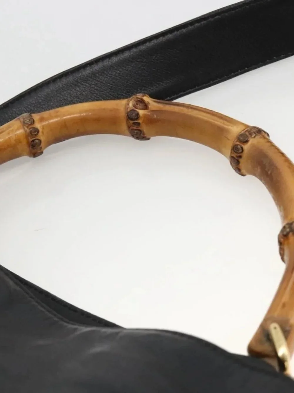 GUCCI Bamboo Hand Bag Leather 2way Black Gold Auth bs34287